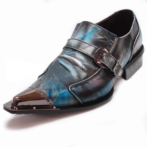 Fiesso Blue Genuine Leather Buckle Loafer Shoes With Metal Tip FI6053